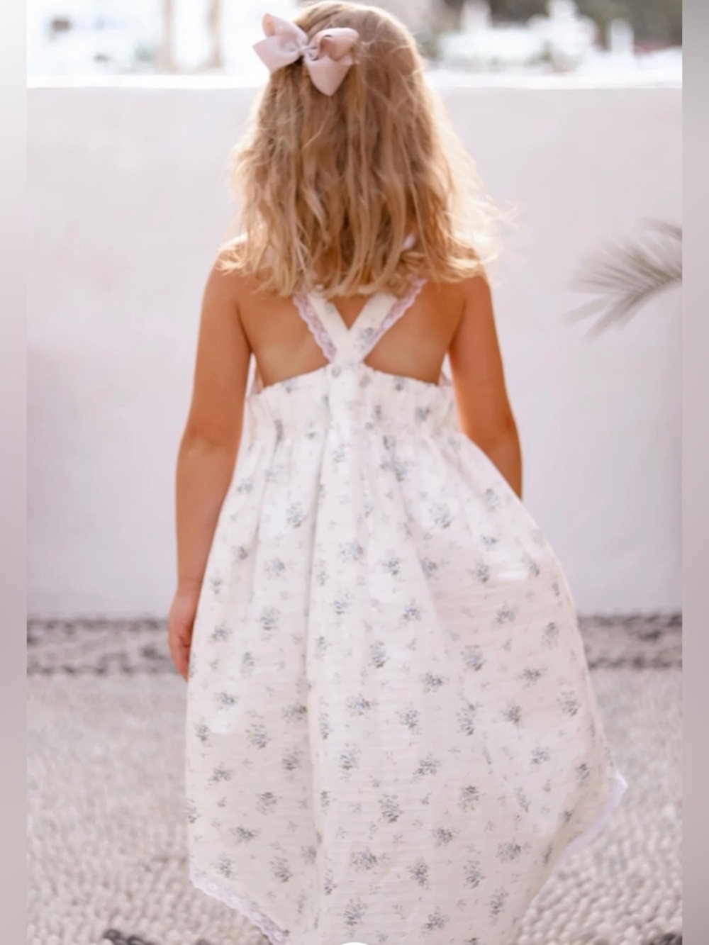 White Floral Sundress for Girls with Blue Accent